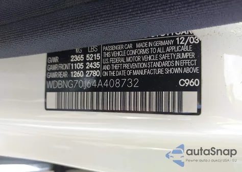 2004 Mercedes-Benz S 430 z USA, uszkodzony, nr VIN WDBNG70J64A408732